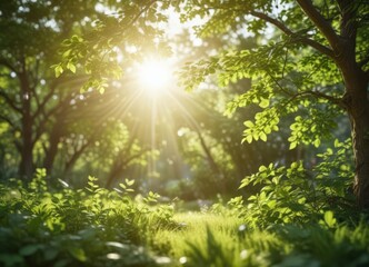 Obraz premium Soft-focus sunlit garden bokeh Blurred green leaves, sun flares , garden, dreamy, texture