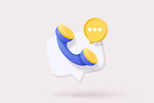 3d minimal call phone and bubble talk on white background. Talking with service support hotline and call center icon concept. 3d vector render telephone for contact customer on isolated background