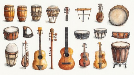 Various Musical Instruments Illustration with Traditional Design Elements
