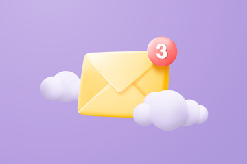 3d mail envelope icon with notification new message on blue sky cloud background. Minimal email letter with bubble unread icon. message concept 3d vector render isolated blue pastel background
