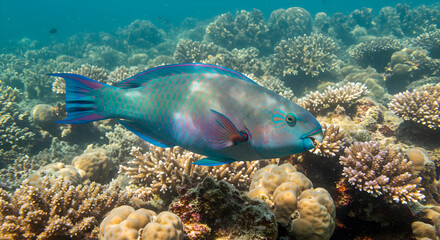 Fototapeta premium Vibrant Parrotfish Swimming Near Light Brown Coral Reef in Clear Blue Ocean Water