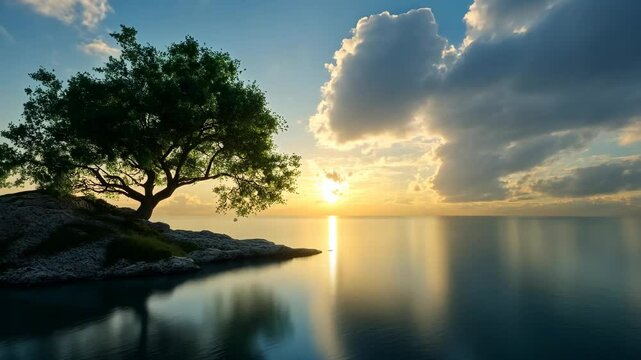 Serene sunset scene; solitary tree on rocky outcrop in calm sea