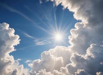 Aged paper texture, vibrant blue sky, fluffy white clouds, sunbeams , clouds, postcard, scrapbook