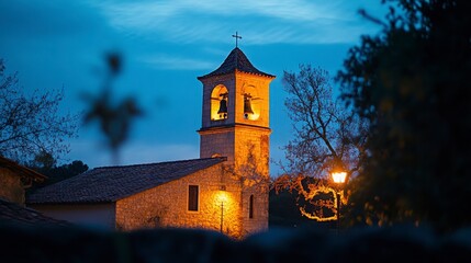 Charming Village Bell Tower at Dusk with Soft Blue Sky Background