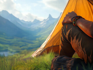 Camper relaxing outside tent overlooking mountain valley