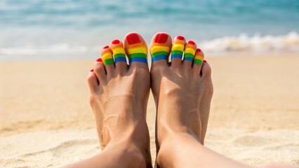 Colorful toes with rainbow nail polish resting on a sandy beach, with the ocean in the background.