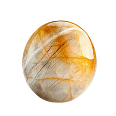 A smooth, oval Rutilated quartz, stone with an intricate pattern of lines and a warm color palette. isolated on white background and transparent background