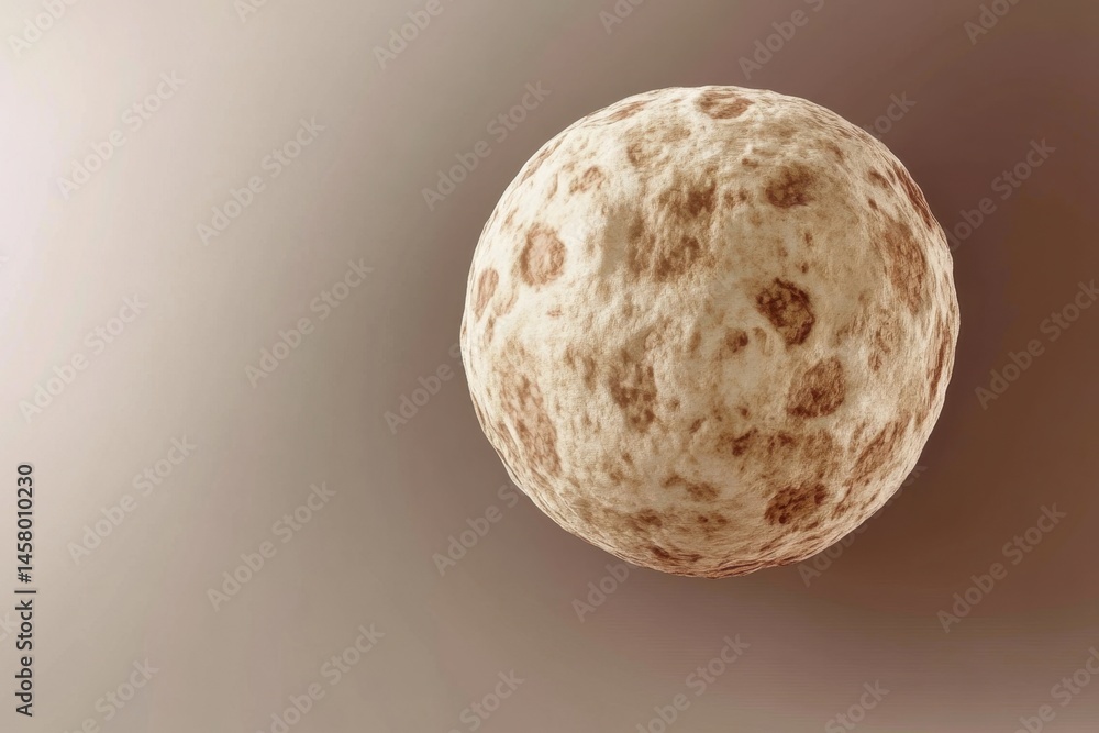 Poster abstract spherical object with mottled surface floating in space studio shot close up brown beige