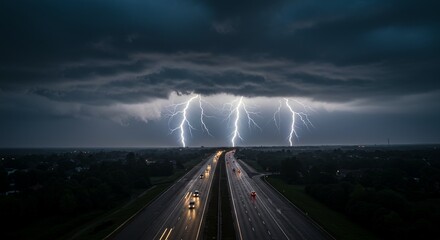 Obraz premium Electrical Storm over Highway at Night