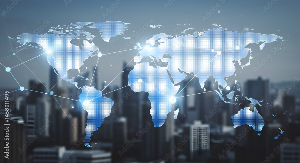 Poster abstract world map overlaying a blurry city skyline with glowing blue grid and networking lines