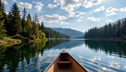Obraz premium Serene canoe journey across a tranquil lake nature's reflection scenic landscape peaceful environment aerial view escape to calmness