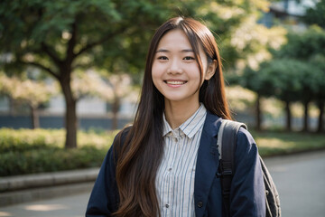 キャンパス内の笑顔の女子学生
