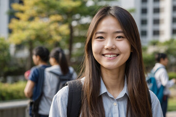 キャンパス内の笑顔の女子学生