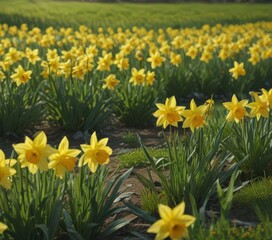 Obraz premium Sunlit daffodil blossoms, vibrant yellow petals against green field , field, close up