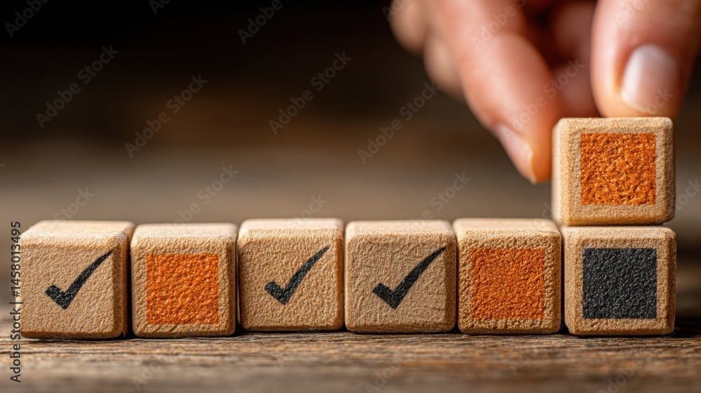Poster hand placing a block with a check mark representing approval and successful financial preservation s