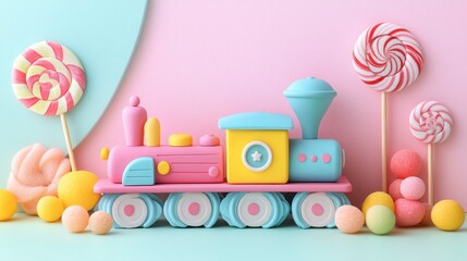 Colorful Toy Train Surrounded by Sweets and Candy Lollipops