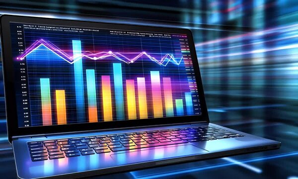 A close-up of an advanced laptop displaying financial data with upward arrows on the screen, representing stock market growth 