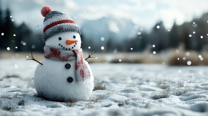Fototapeta premium Cheerful snowman with a knit hat and scarf, standing in a snowy landscape with falling snowflakes.