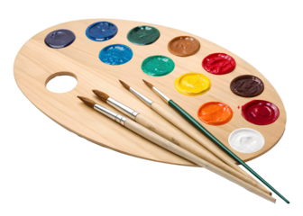 Wooden Artist Palette with Paint and Brushes Isolated on White background