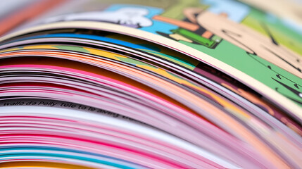Colorful pages of an open magazine, close up. Selective focus.