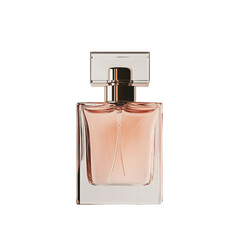 High-quality, shot of a peach-colored perfume bottle and its packaging. The image highlights the product's aesthetic and visual appeal.