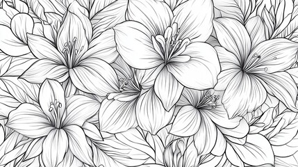 Obraz premium Detailed floral line art pattern with lily flowers and various leaves. Use as background, textiles, wallpaper, prints, coloring books or graphic design.