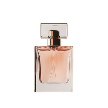High-quality,  shot of a peach-colored perfume bottle and its packaging. The image highlights the product's aesthetic and visual appeal.