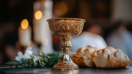 Ornate Golden Chalice with Bread and Candles in Soft Lighting