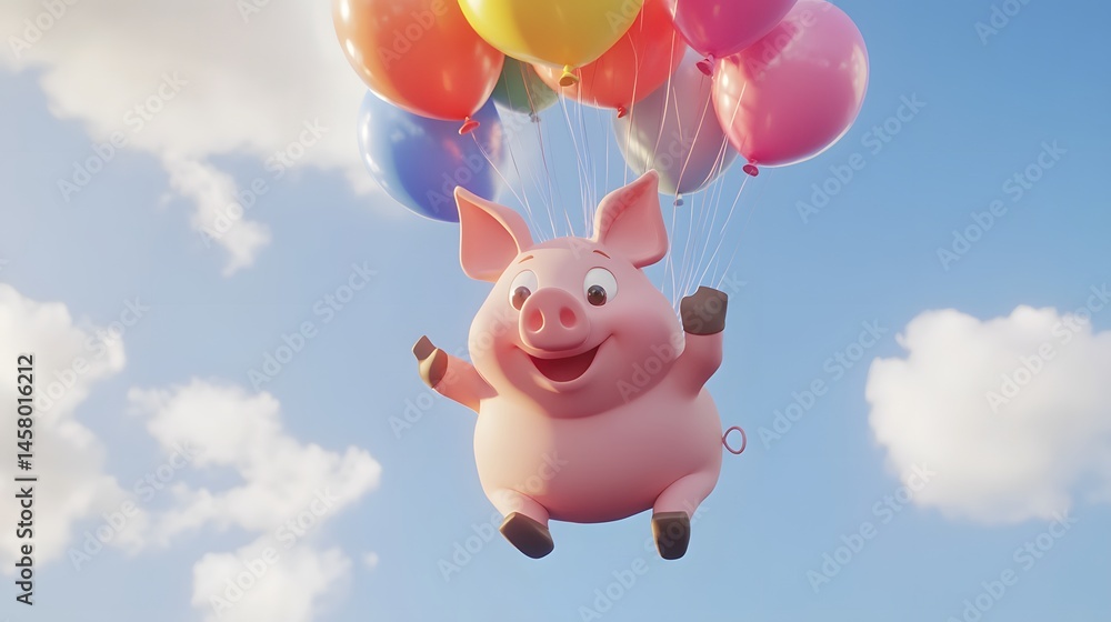 Poster animated pig floating in the sky with colorful balloons.
