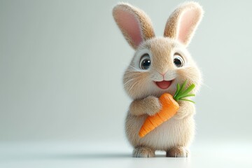 Obraz premium Fluffy Brown Bunny Holding a Carrot Against White Background