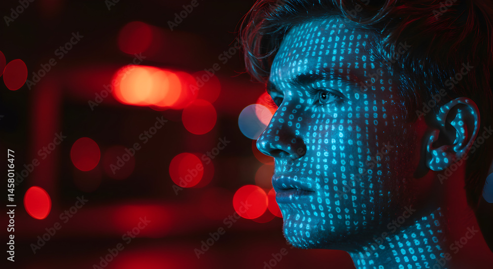 Poster close up of a young man with binary code projected on face under red light