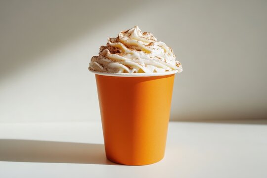 Pumpkin spice latte with whipped cream on bright background. Perfect for fall themed blog post or social media design.