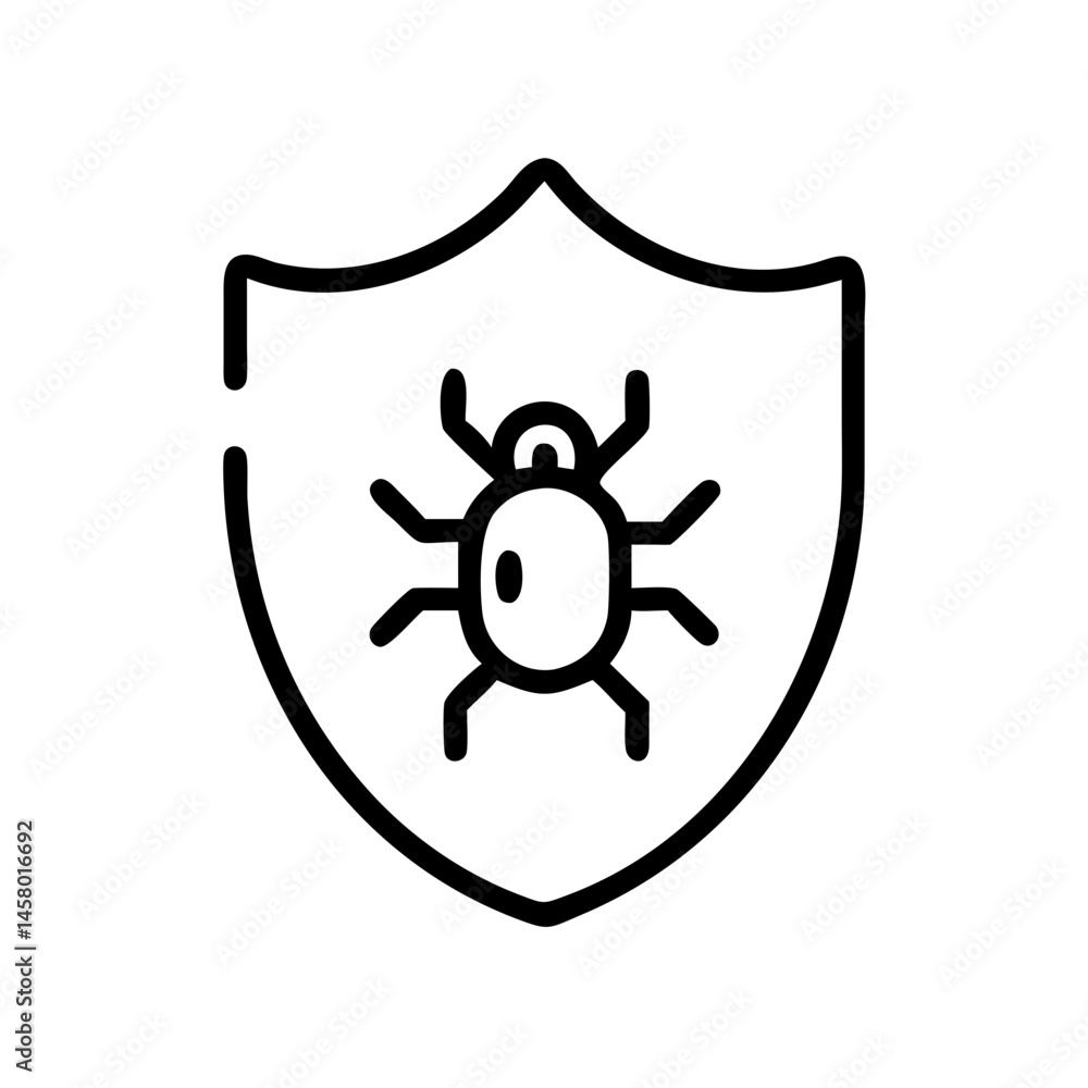 Poster black line icon of shield with bug/virus symbol inside. use for cybersecurity sites, antivirus softw