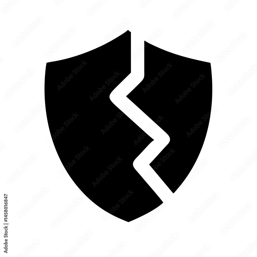 Poster solid black shield icon with a white zigzag crack, symbolizing broken security or vulnerability. use
