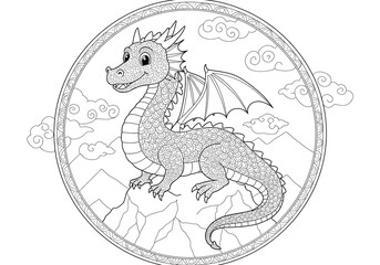 Fototapeta premium Detailed Dragon Coloring Page for Kids Fantasy Creature on Mountains, Clouds, Winged Dragon, Black and White Dragon Outline, Printable Dragon Template, Line Art Design.