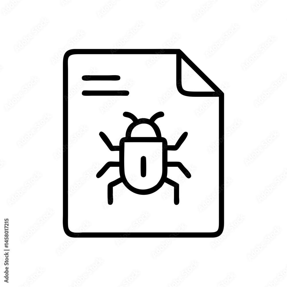 Poster line icon of file/document with bug/virus symbol inside. use for cybersecurity alerts, it support, o