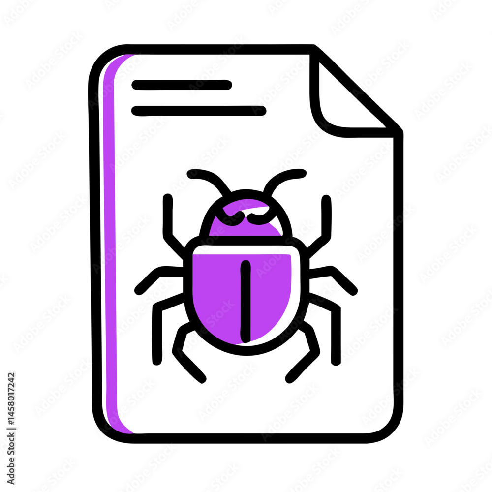 Poster file icon with purple bug symbol and edge accent on white background. use for bug reports, malware a