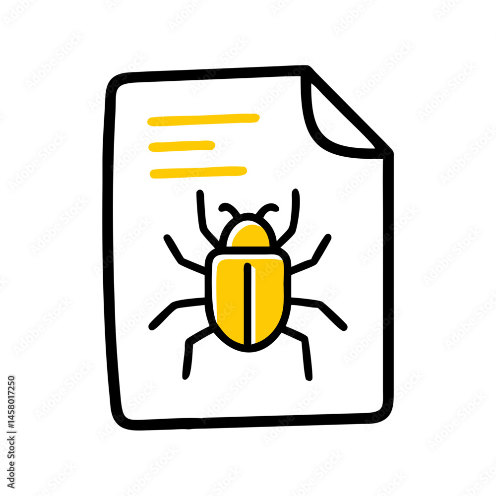 Poster file icon with yellow bug/virus symbol inside on white background. use for bug tracking, cybersecuri