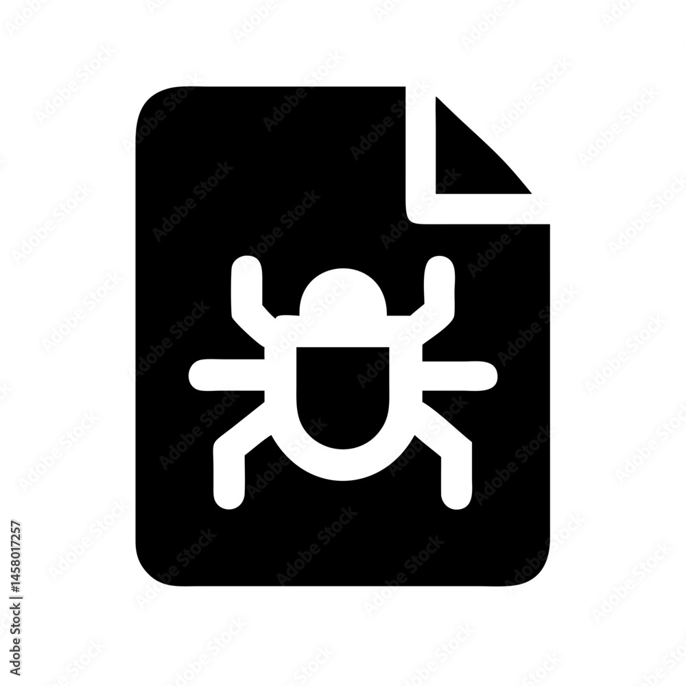 Poster solid black file icon with white bug/virus silhouette inside. use for cybersecurity software, file a