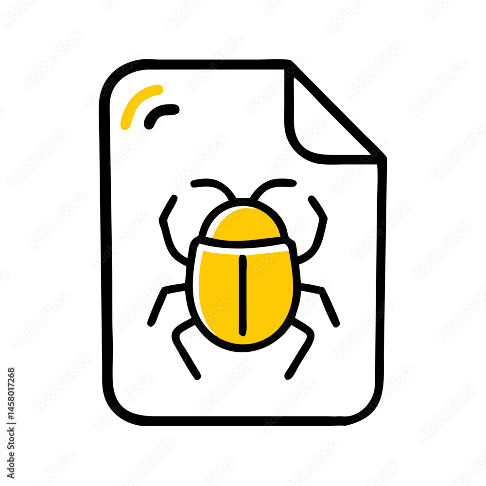 Poster file icon with yellow bug/virus symbol inside on white background. use for bug tracking, cybersecuri