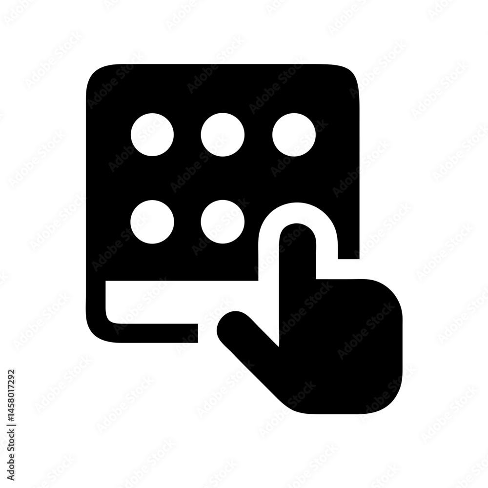 Poster solid icon: hand tapping dot on 3x3 grid (pattern lock/keypad), white background. use for security, 
