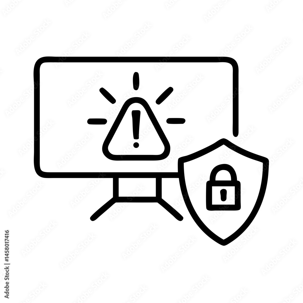 Poster line icon: monitor with warning sign, security shield with padlock, white background. use for cybers