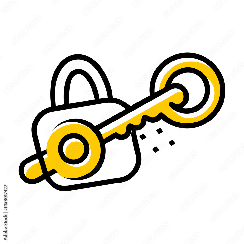 Poster line icon: closed padlock with large yellow key inserted, white background. use for security, access