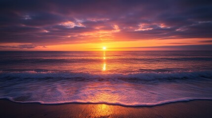 Fototapeta premium Stunning Sunset Over Calm Ocean Waves Illuminated by Soft Light