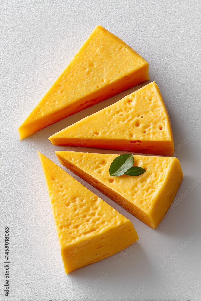 Aufkleber triangle cheese slices spread out in radial layout on clean white surface create minimalist design. 