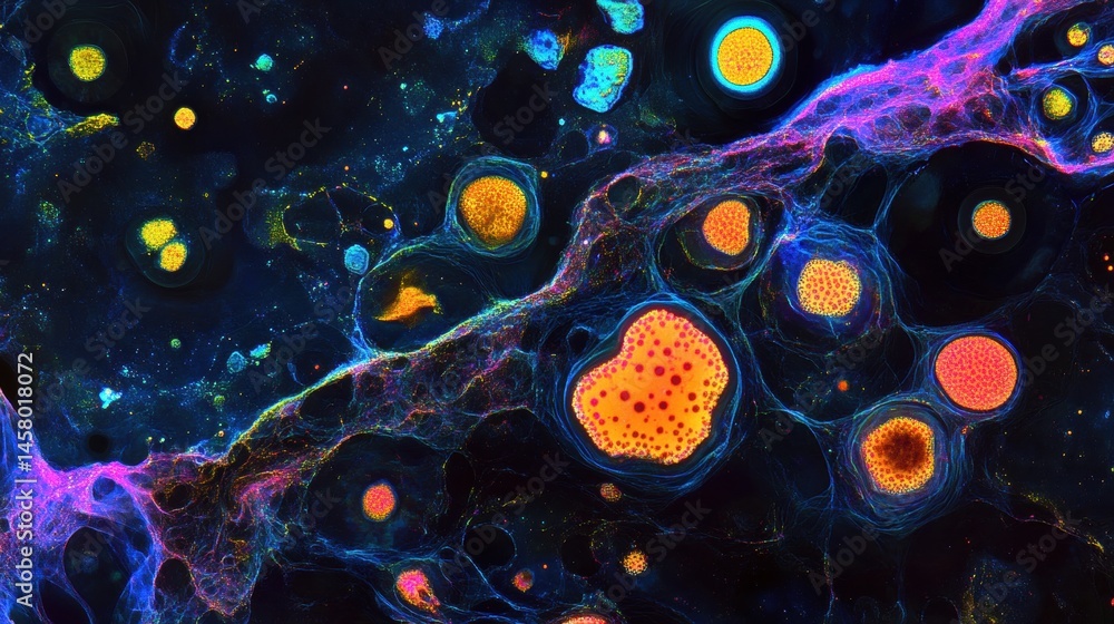 Poster fantastic abstract pattern of glowing cellular structures on a deep, dark background. useful for ill