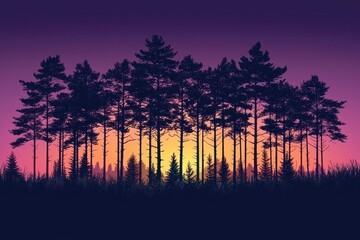 Forest Silhouette at Sunrise with Purple and Orange Gradient Sky