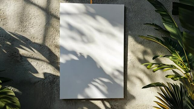 Blank canvas on a textured wall, surrounded by tropical plants. Sunlight casts shadows