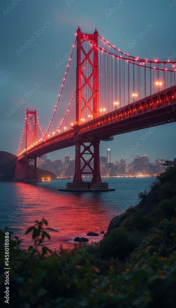 Poster suspension bridge at twilight illuminated with red lights over dark water with city skyline in backg