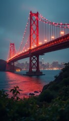 Obraz premium Suspension bridge at twilight illuminated with red lights over dark water with city skyline in background